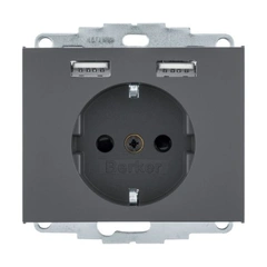 Розетка с ж/к 16А/250В + 2хUSB/2.4A, антрацит K.1