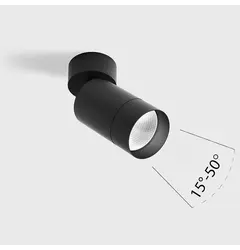 Накладний стельовий світильник, поворотний TUB M SA 90 ZOOM,  D52мм, H140мм, CREE LED 9W, 250mA, 3000K, 615-1040lm, 15°-50°, CRI>90, 220V-240V, IP20, чорний