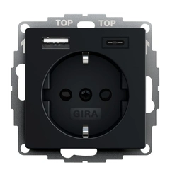 Розетка с защитой и USB Тип A/C, System 55 Gira 2459005 черный матовый