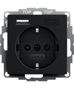 Розетка із захистом та USB Тип A/C, System 55 Gira 2459005 чорний матовий