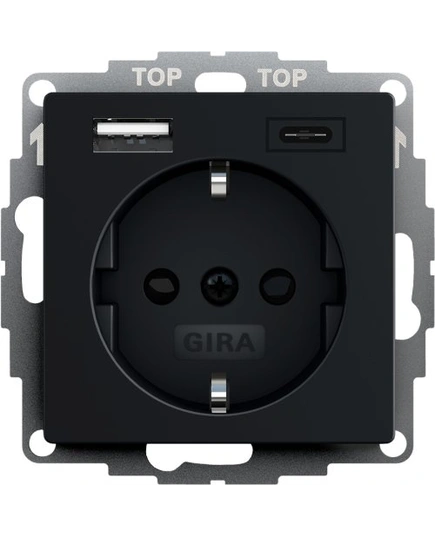 Розетка с защитой и USB Тип A/C, System 55 Gira 2459005 черный матовый