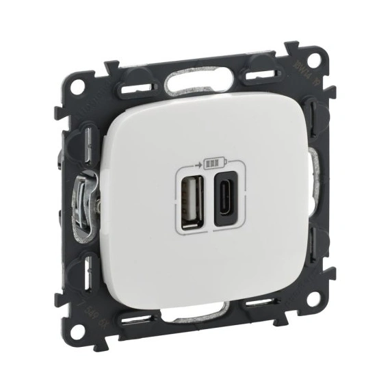 Розетка з двома USB-роз'ємами тип A+ тип C 240V/5V 3000мА Legrand Valena Allure 754965, колір білий