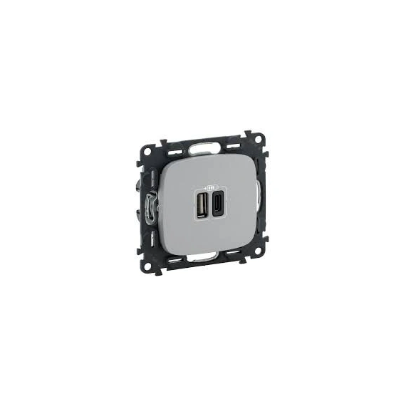 Розетка із двома USB-роз'ємами тип A+ тип C 240V/5V 3000мА Legrand Valena Allure 754967, колір алюміній