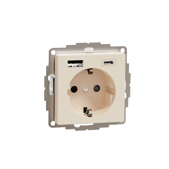 Розетка із з/к та підвійною USB-зарядкою, 3 А, тип А+С, Merten SM MTN2367-0344, колір бежевий