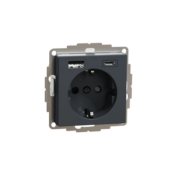 Розетка с двойной USB-зарядкой, тип А+С, Merten SM MTN2367-0414, цвет антрацит