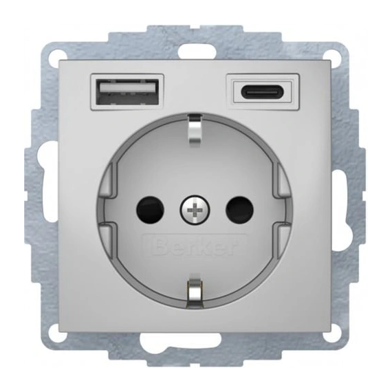 Розетка c з/до 16А/250В + 2хUSB A-С /3A Berker S.1 алюміній