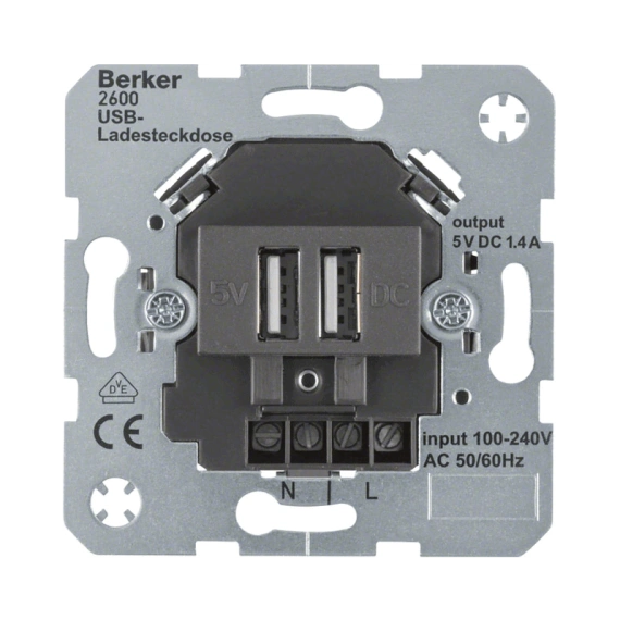 Розетка для подзарядки с 2хUSB-разъемом, 230V~ Berker 260205