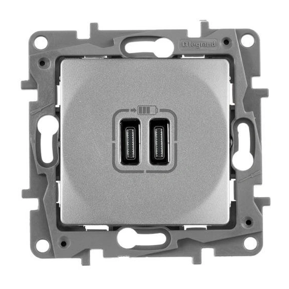 Розетка с двумя разъемами USB тип C+ тип C 240V/5V 3000мА Legrand Etika 672435, цвет алюминий