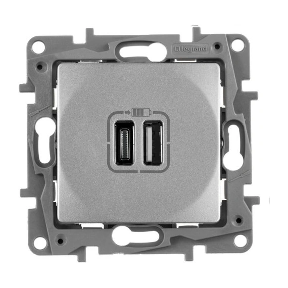 Розетка з двома USB-роз'ємами тип A+ тип C 240V/5V 3000мА Legrand Etika 672436, колір алюміній