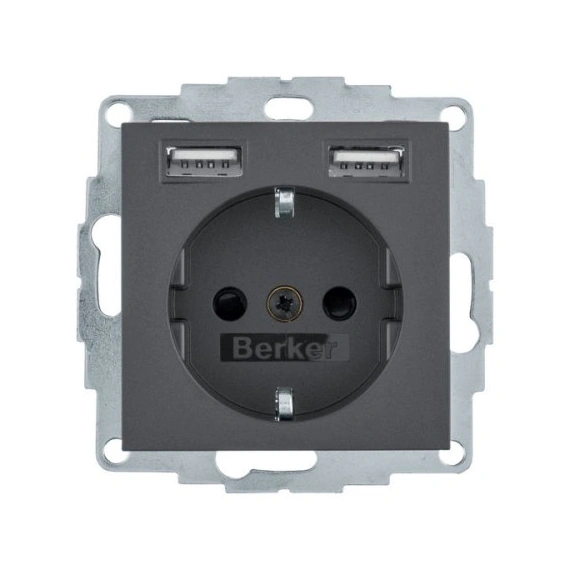 Розетка із з/к 16А/250В + 2хUSB/2.4A, антрацит S.1