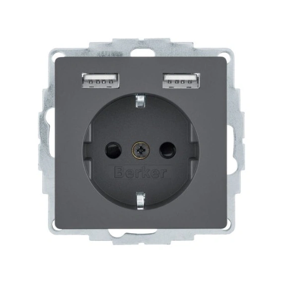 Розетка із з/к 16А/250В + 2хUSB/2.4A, антрацит Q.х