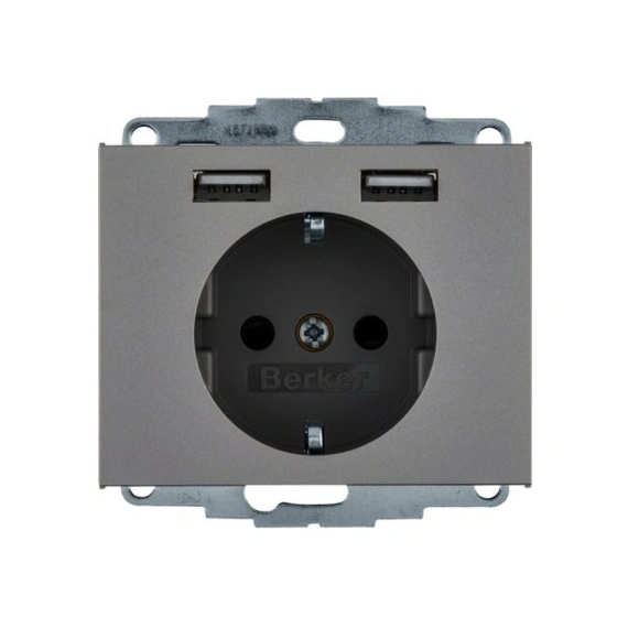 Розетка із з/к 16А/250В + 2хUSB/2.4A, нерж.сталь-лак K.5
