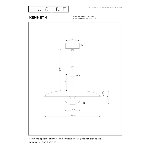 Підвісний світильник Lucide KENNETH 41412/40/31, зображення 9