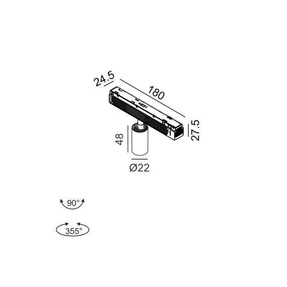 Прожектор IN_LINE TUB XS A 48, D22mm, H48mm, CREE LED 2.1W, 3000K, 112Lm, 10°, CRI>90, 48V, 4-х провідний DIM DALI, IP20, білий/чорний, изображение 2