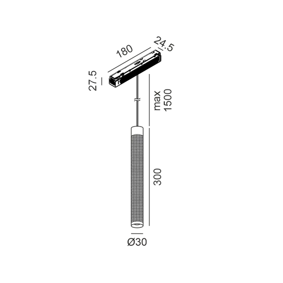 Підвісний світильник IN_LINE TUB S P 300, D30mm, H300mm, CREE LED 7W, 4000K, 610Lm, 50°, CRI>90, 48V, 2-х групний, Вкл./Викл., IP20, титановий/чорний, зображення 2