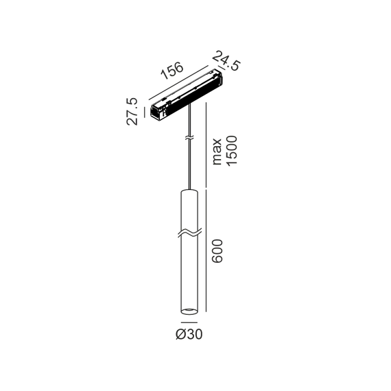 Підвісний світильник IN_LINE TUB S P 600 TW, D30mm, H60mm, LED 8W, TW DIM: 2700K(393Lm)-6500K(454Lm), 30°, CRI>90, 48V DС, IP20, чорний, изображение 2