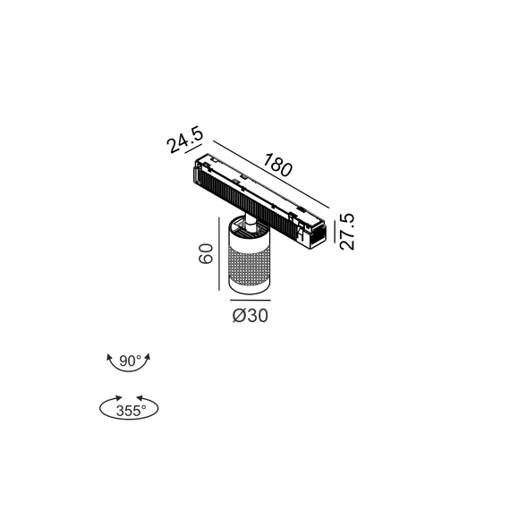 Прожектор IN_LINE TUB S A 60, D30mm, H60mm, CREE LED 5.4W, 3000K, 535Lm, 50°, CRI>90, 48V, 4-х провідний DIM DALI, IP20, титановий/чорний, изображение 2