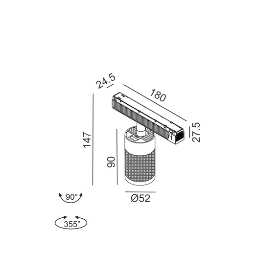Прожектор IN_LINE TUB M A 90, D52mm, H90mm, CREE LED 10.8W, 3000K, 1120Lm, 50°, CRI>90, 48V, 2-х групний, Вкл./Викл., IP20, латунь/чорний, зображення 2