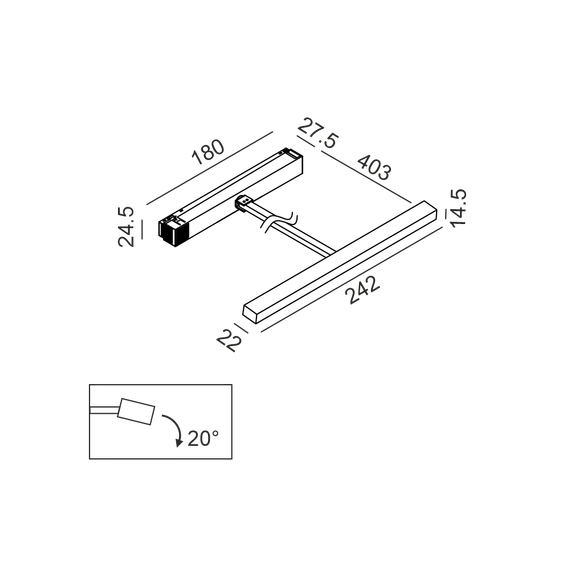 Трековий cвітильник IN_LINE ART, L242mm, W22mm, H14.5mm, LED 14W, 3000K, 110°, 750Lm, CRI>90, 48V, 2-х групний, Вкл./Викл., IP20, опаловий, чорний, зображення 2