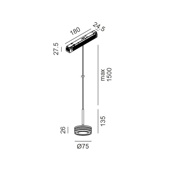 Підвісний світильник IN_LINE SOL MINI P, D75mm, H135mm, LED 7W, 610Lm, 3000K, 24°, CRI>90, 48V, 4-х провідний DIM DALI, IP20, діамантово-чорний/чорний, зображення 2