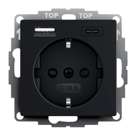 Розетка із захистом та USB Тип A/C, System 55 Gira 2459005 чорний матовий