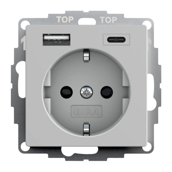 Розетка с защитой и USB Тип A/C, System 55 Gira 2459015 серый матовый