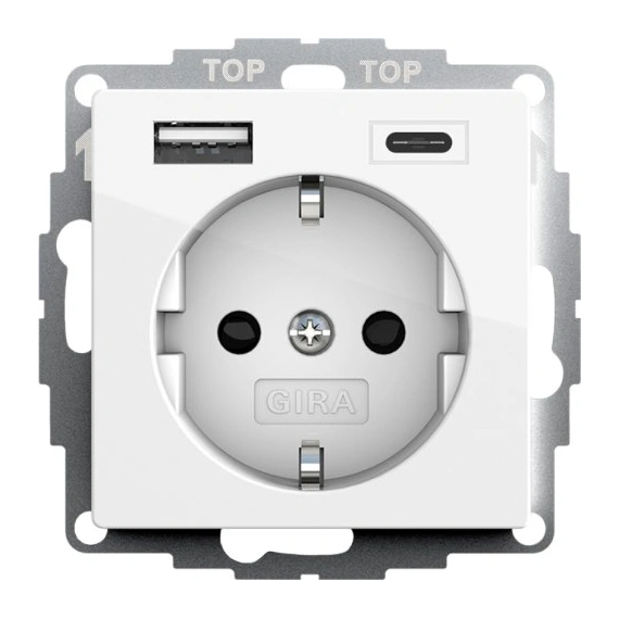 Розетка с защитой и USB Тип A/C, System 55 Gira 245903 белый глянцевый