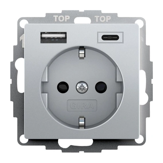 Розетка с защитой и USB Тип A/C, System 55 Gira 245926 под алюминий