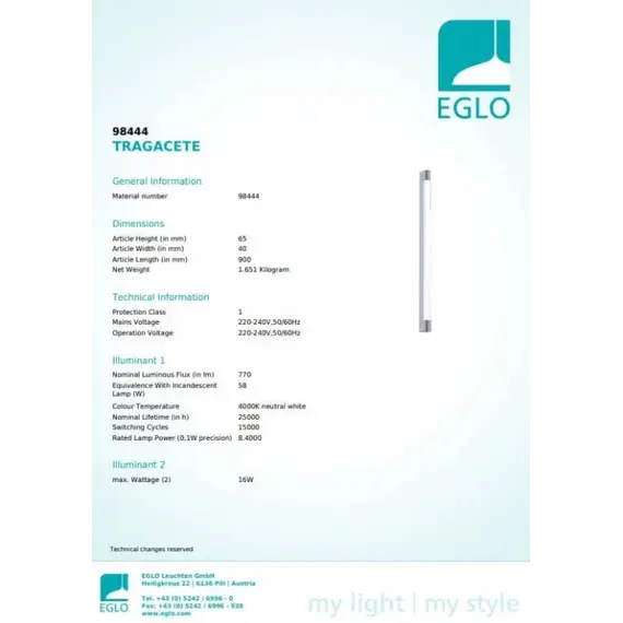 Подсветка для зеркал EGLO TRAGACETE 98444 LED, изображение 3