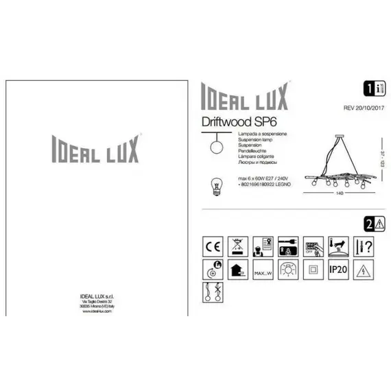 Підвісний світильник Ideal Lux DRIFTWOOD SP6 180922, зображення 2