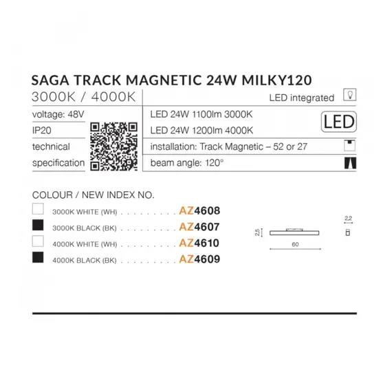 Магнітний трековий світильник AZzardo SAGA TRACK MAGNETIC 24W MILKY120 3000K BK AZ4607, зображення 4