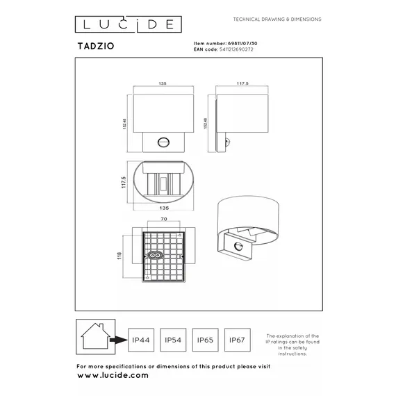 Настенный светильник для использования внутри и снаружи помещений Lucide TADZIO 69811/07/30, изображение 3