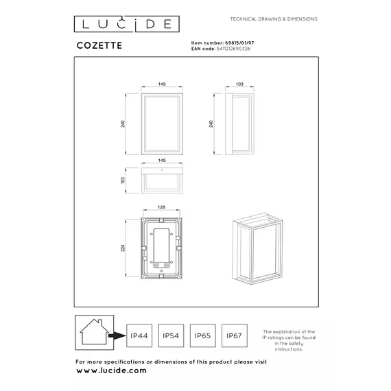 Настінний світильник для внутрішнього/зовнішнього використання Lucide COZETTE 69815/01/97, зображення 3