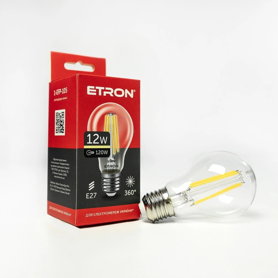 LED лампа ETRON Filament 1-EFP-105 A60 12W 3000K E27 прозрачная