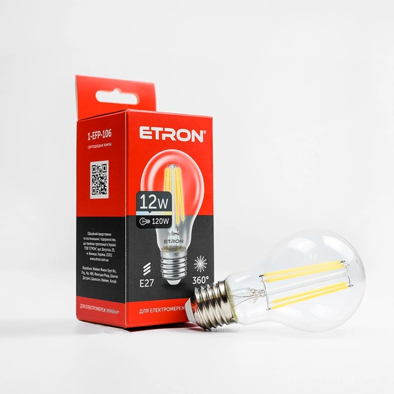 LED лампа ETRON Filament 1-EFP-106 A60 12W 4200K E27 прозрачная