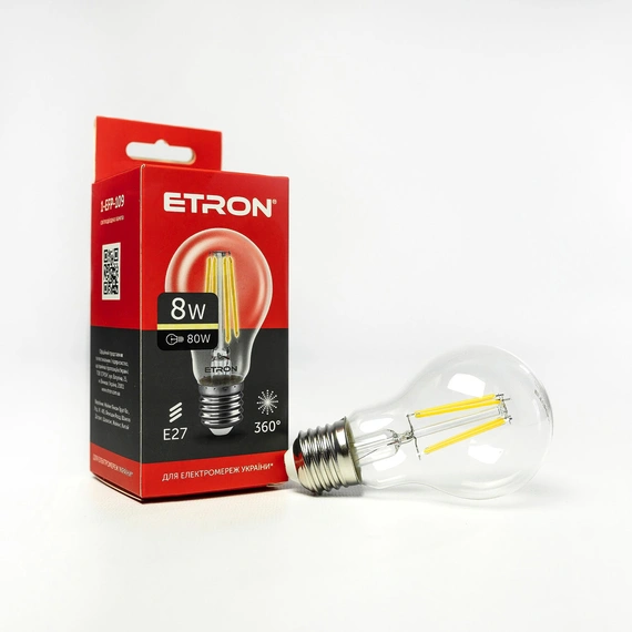 LED лампа ETRON Filament 1-EFP-109 A60 8W 3000K E27 прозрачная